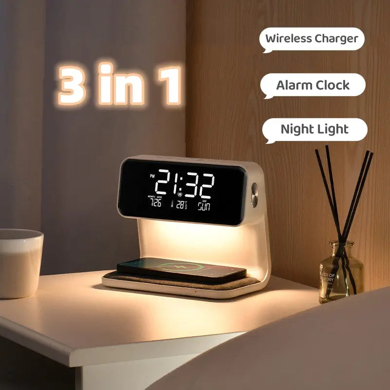 Creative 3 In 1 Bedside Lamp Wireless Charging LCD Screen Alarm Clock  Wireless Phone Charger For Iphone - Image #1