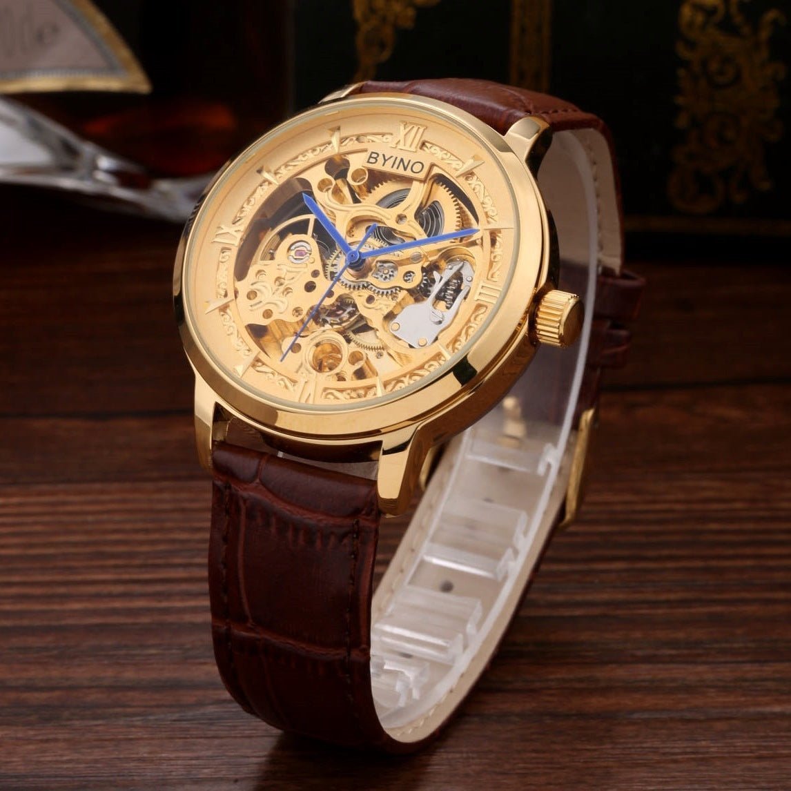 Authentic Mens Casual Leather Hollowing Automatic Mechanical Watches Through The End Of The Golden Youth Men's Wholesale Waterproof