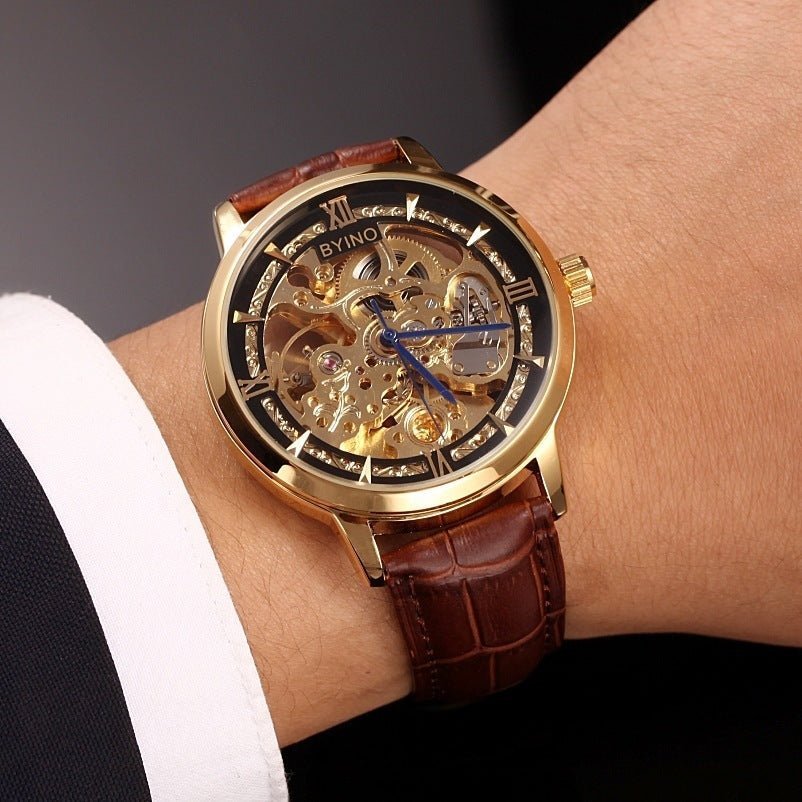 Authentic Mens Casual Leather Hollowing Automatic Mechanical Watches Through The End Of The Golden Youth Men's Wholesale Waterproof