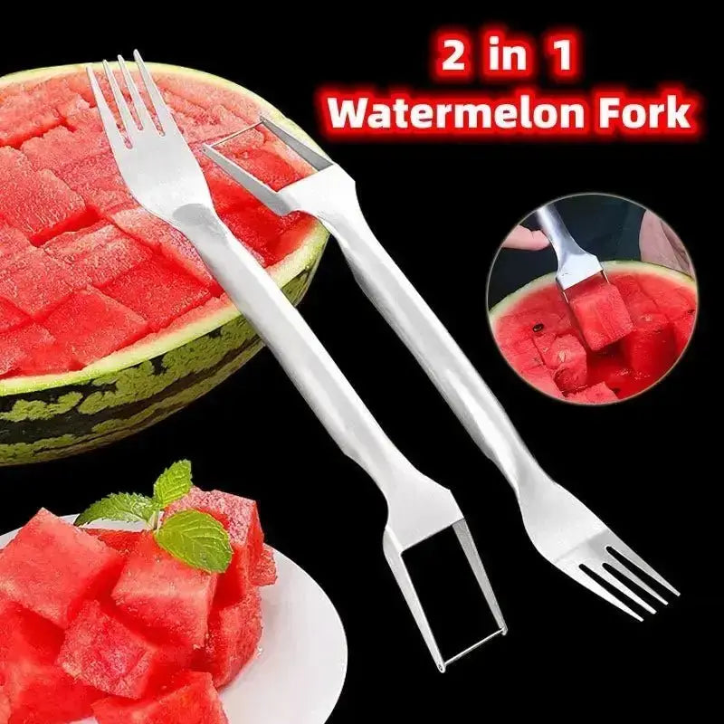 2 In 1 Watermelon Fork Slicer Multi-purpose Stainless Steel Watermelon Slicer Cutter Kitchen Fruit Cutting Fork Fruit Divider Kitchen Gadgets - Image #1