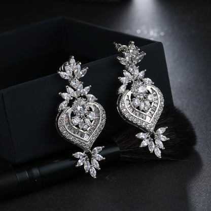 Ose Gold Luxury Big Long Flower Pendant Drop Earrings With Shining CZ Brincos Bridal Women Wedding Jewelry