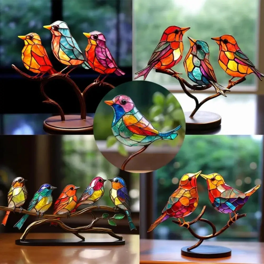 Stained Birds On Branch Desktop Ornaments For Bird Lover Home Decor Desk Decor For Bedroom Living Room And Office - Image #2